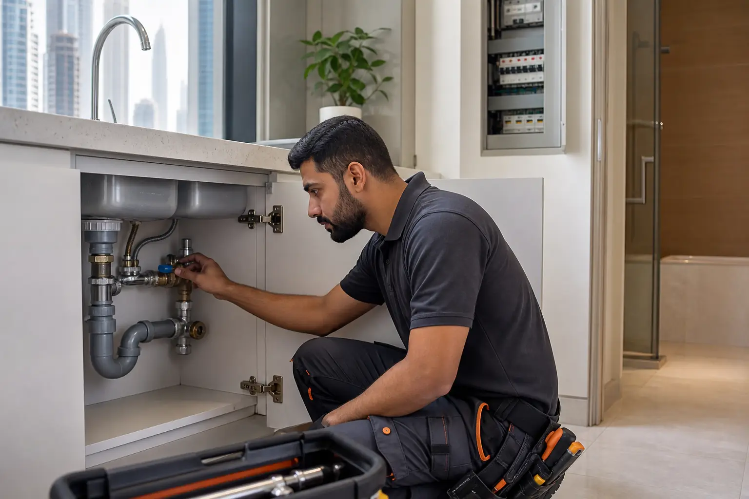 Home maintenance technician checking plumbing below a kitchen sink in Dubai