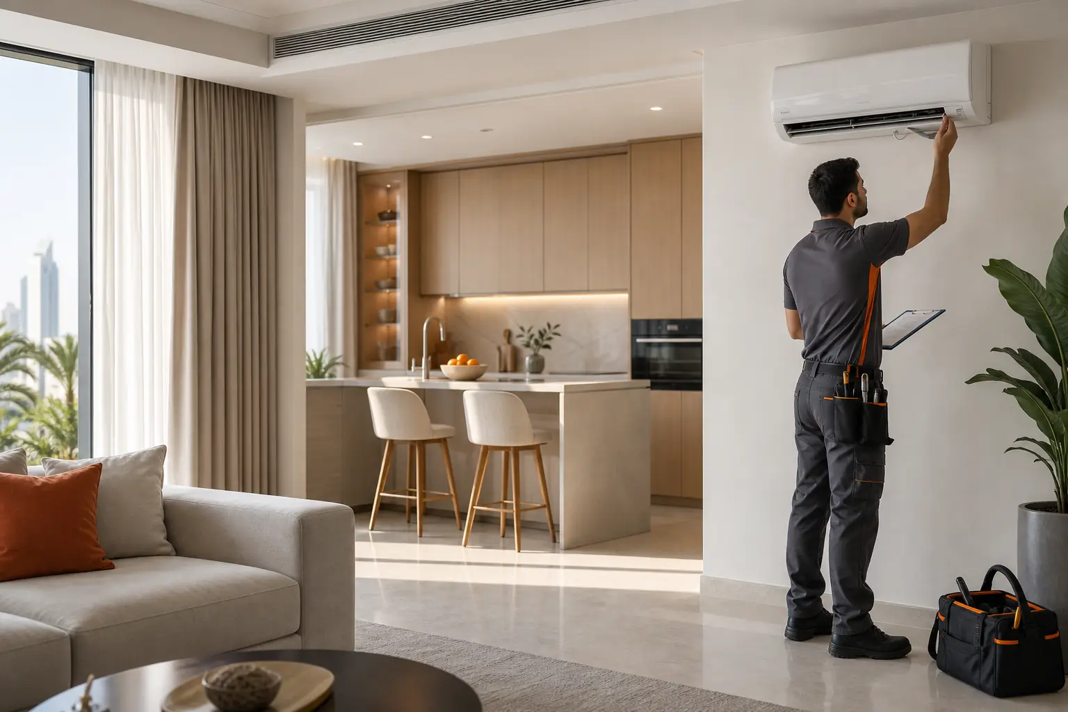Technician checking an AC unit in a bright Dubai apartment with a maintained kitchen and living room